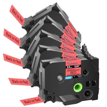 Imagem de POPOBUY Fita vermelha laminada TZ TZe de 24 mm 0,94 compatível com Brother P Touch TZ451 TZ-451 TZe-451 TZe451 para etiquetadora PTD600 PTD610BT PTP710BT, pacote com 5, preto sobre vermelho