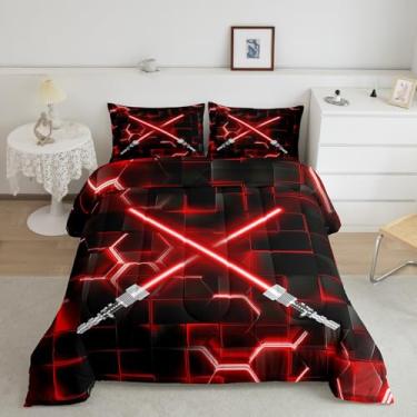 Imagem de Feelyou Conjunto de edredom infantil com estampa de sabre de luz, vermelho, favo de mel, para meninos, adolescentes, tecnologia do futuro, conjunto de edredom geométrico, decoração de quarto