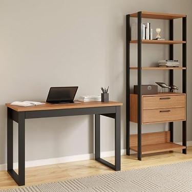 Imagem de Escrivaninha 1 Gaveta 118cm com Estante Torre 2 Gavetas 100% MDF Freijó/Preto