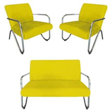 Imagem de Kit Namoradeira + 2 Poltronas Decorativa Bela Suede Amarelo Braço Crom