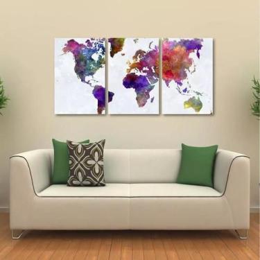 Imagem de Quadro Decorativo Mapa Mundi Colorido Em Tecido 3 Peças 1Res - Wall Fr