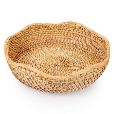 Imagem de Cesta de pão de vime feita à mão, redonda, para servir frutas, 26 cm, cesta decorativa de tecido natural para organizar balcão de cozinha, marrom mel