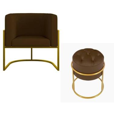 Imagem de Kit Poltrona Decorativa Luxo Base de Metal Dourada e Puff Capitone Sue