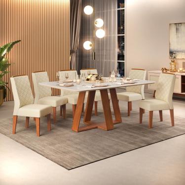 Imagem de Conjunto Sala de Jantar 6 Cadeiras Tampo Sem Vidro 170x90 dj Móveis Kiara Freijó Quartzo Lidia Linho Neve