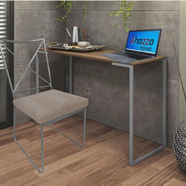 Imagem de Kit Escritório Clark Cadeira e Mesa Industrial Ferro Prata Tampo mdf Imbuia Suede Bege - Ahz Móveis