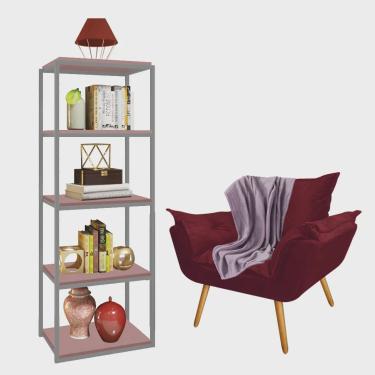 Imagem de Kit Poltrona Fatte com Manta Soft Lilás e Estante Livreiro Ferro Prata mdf Rose Suede Bordô - Ahz Móveis