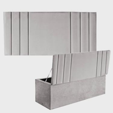 Imagem de Kit Painel Cabeceira Estofada e Calçadeira Baú Recamier Grécia 160cm Queen Size Suede C...