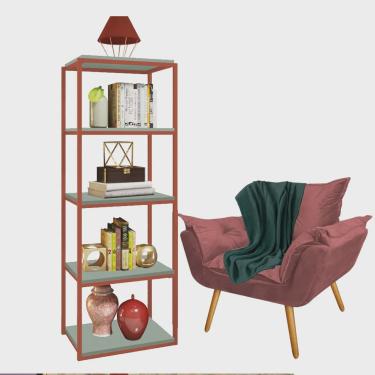 Imagem de Kit Poltrona Fatte com Manta Soft Verde e Estante Livreiro Ferro Bronze mdf Verde Oliva Suede Rose Gold - Ahazzo Móveis