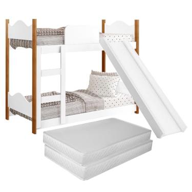 Imagem de Beliche Infantil Para Quarto Da Criança Mini Cama Berço Resistente Encanto Montessoriana Com Escorregador Premium Com Grade Proteção Lateral Com Colchão Cor Branco