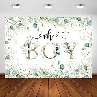 Imagem de Avezano Greenery Pano de fundo para chá de bebê para meninos folhas verdes neutras eucalipto chá de bebê festa fotografia fundo Oh Boy Baby Shower Decorações de sessão de fotos (2 x 1,5 m)
