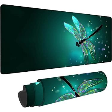 Imagem de Dragonfly Tapete de mesa de jogos grande, tapete de mouse estendido libélula verde fantasia, mouse pad de borracha antiderrapante bordas costuradas, acessórios decorativos de mesa para escritório em casa 80 cm x 39,9 cm