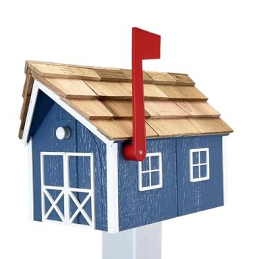 Imagem de Peaceful Classics Caixa De Correio Madeira Com Telhado Cedro Amish, Guarnição Janela E Porta, Caixas Artesanais Para Áreas Externas, Residenciais Montagem Em Poste - (Azul Branco, Madeira)