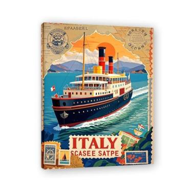 Imagem de Impressão em tela clássica italiana Coastal Voyage Vintage Italian Steamship - Carimbo de papel envelhecido 40 x 52 cm