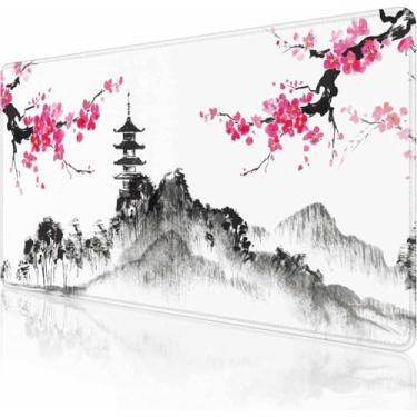 Imagem de Mouse pad para jogos, base de borracha antiderrapante grande, tapete de mouse com teclado, tapete de mesa com bordas costuradas, 90 x 40 cm, flores de cerejeira japonesas