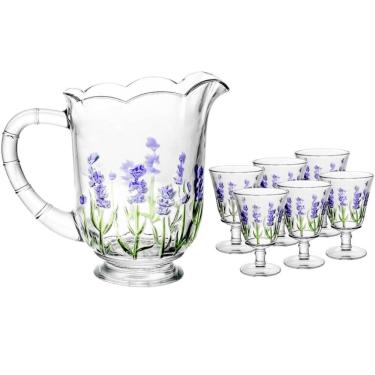 Imagem de Conjunto Jarra 1,5L e 6 Taças 240ml de Cristal Lyor Lavanda Hand Painting Para Sucos Água