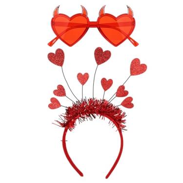 Imagem de Fita de coração com óculos de sol coração, dia dos namorados diadema com lantejoulas óculos de sol decorativos em forma de coração para acessórios de roupa de festa (vermelho)