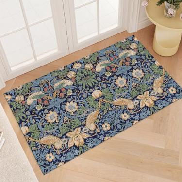 Imagem de Tapete Boho Flower Bird Area, Azul Marinho/Vermelho/Verde Floral, Tapete Vintage Chique, Tapete de Área Pequena Lavável Antiderrapante para Entrada, Banheiro, Sala de Estar, 61 x 91 cm