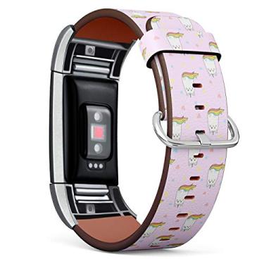 Imagem de Compatível com Fitbit Charge 2 – Pulseira de substituição de pulseira de couro com adaptadores (unicórnio gato arco-íris fofo)
