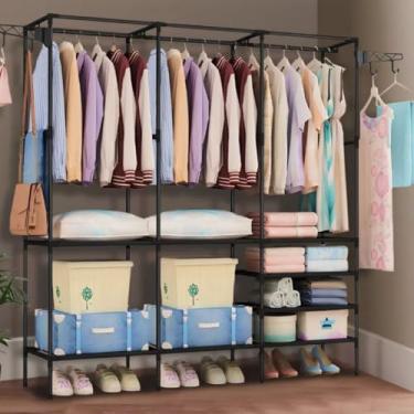 Imagem de Guarda Roupa Tipo Closet Arara com Prateleiras em Aço Tubular Preto Montagem Fácil Ideal para Organização de Roupas em Quartos e Ambientes Compactos