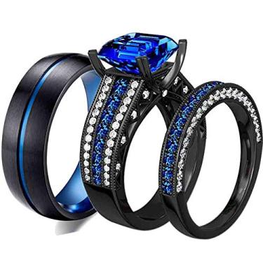 Imagem de ringheart 2 anéis luxuosos para casais, preto, dourado, corte princesa, azul, conjunto de alianças de casamento masculinas de tungstênio (compre dois anéis para um par), Ouro, tungstênio, Zircão