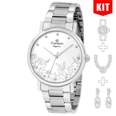 Imagem de Relógio Champion Kit Feminino Prata Flor Analógico Cn25887y