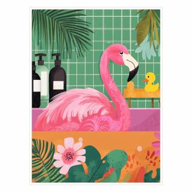 Imagem de Impressões botânicas de banheiro flamingo na banheira – arte de parede tropical rosa inspirada em viagens de verão, animal maximalista na decoração de banho, arte eclética de banheiro da selva boho
