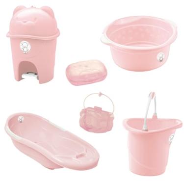 Imagem de Kit Banho Bebê Adoleta 6 Peças Banheira Lixeira Bacia Balde Saboneteira e Porta Chupeta (Rosa)