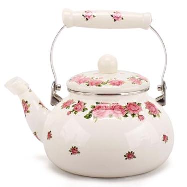 Imagem de Chaleira de chá para fogão, chaleira de porcelana grande esmaltada, bule de chá colorido de 2,5 L, cerâmica floral para fogão, design clássico retrô (flor rosa - 2,4 L)
