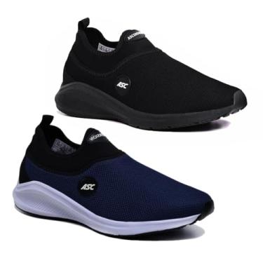 Imagem de Kit 2 Pares Tênis Ortopédico Unissex Ascension | Estilo Meia, Sem Cadarço – Leve, Confortável, Calce Fácil | Para Caminhada, Academia e Uso Diário (Marinho e All Black, BR, Adulto, Numérico, 37)