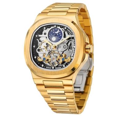 Imagem de FORSINING Relógio analógico masculino de luxo automático esqueleto analógico sol e lua com pulseira de aço inoxidável, Dourado, Clássico