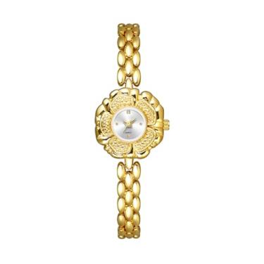 Imagem de BESTKANG Relógio feminino com pulseira pequena de flor vintage, luxuoso, à prova d'água, quartzo, relógios de pulso femininos, Dourado, branco, Vintage