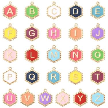 Imagem de KitBeads 52 peças, 26 estilos, pingentes de letra esmaltada, hexágono, em forma de hexágono, inicial de A a Z, pingentes para chaveiros, pulseiras, brincos, joias, artesanato, 52 peças