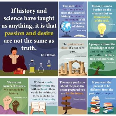 Imagem de 9 peças de pôsteres de história para sala de aula figuras históricas citações motivacionais pôster quadro de avisos de história impressão de parede inspiradora decorações de volta às aulas para