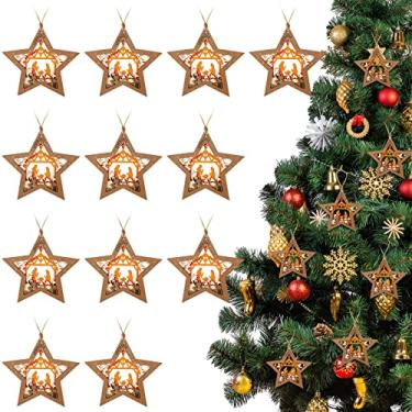 Imagem de 12 peças de enfeite de presépio de natal, decoração do nascimento de Jesus em forma de estrela ornamento pendurado de madeira presente religioso cristão para decoração de árvore de natal