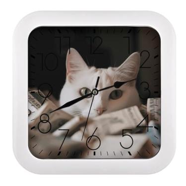 Imagem de YJWANDL Relógio quadrado gato branco e pilha de dólares relógio de parede operado por bateria para sala de estar, banheiro, quarto, cozinha, escritório