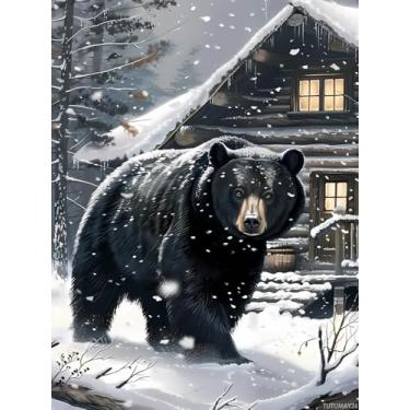 Imagem de TUTUMAY21 Kit de pintura de diamante para adultos, urso preto 5D na neve, kit de arte de diamante, faça você mesmo, conjunto de pintura de pedra preciosa de urso, quarto, sala de estar, decoração de