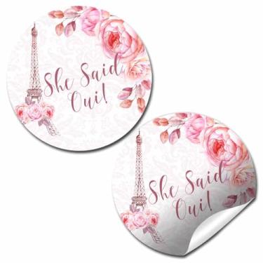 Imagem de Adesivos para chá de panela She Said Oui! Paris – Etiquetas redondas de 40 ct 5 cm com Torre Eiffel e design floral rosa – Adesivos de festa com tema francês da AmandaCreation