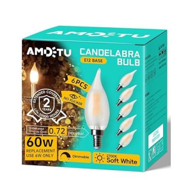 Imagem de Lâmpada de candelabro E12 60 watts, lâmpadas de lustre de LED fosco AMDTU, branco quente 2700k, formato de ponta curvada de chama B11, regulável, para ventilador de teto, sala de jantar, utensílios de cozinha, pacote com 6 lâmpadas de LED candelabro