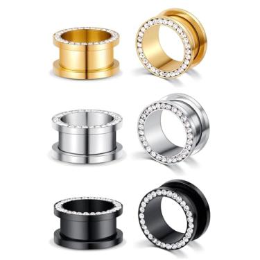 Imagem de YOFANST 2 peças - 12 peças de alargador duplo de aço inoxidável calibres de túneis rosqueados pedras strass alargadores alargadores esticador joias, Aço inoxidável, cristal, Zircônia cúbica