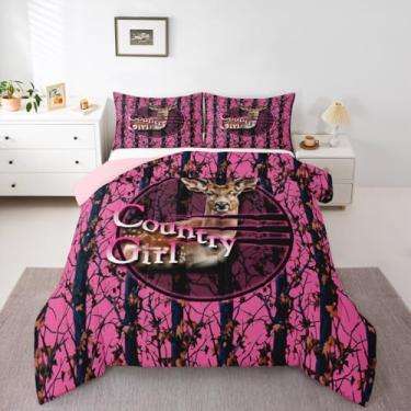 Imagem de Erosebridal Jogo de cama King camuflado de caça de veado, rosa para meninas, meninos, crianças, conjunto de cama rústico, cabana rústica, decoração de quarto de caçador campestre com 2 fronhas