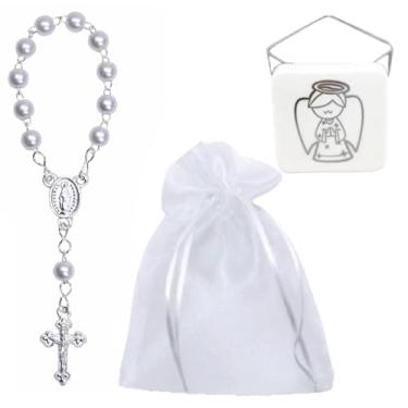 Imagem de Conjunto Mimos 12 Mini Terços com Pérola + 12 Caixas Acrílicas com Anjo + 12 Saquinhos de Organza ✝️ Kit Religioso para Lembrancinhas Batizado, Comunhão, Nascimento | Feito no Brasil 💖 (Branco)