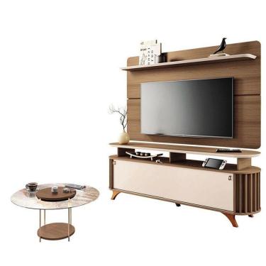 Imagem de Rack Bancada Alba Com Painel Curv Com Mesa De Centro Sky Com Tampo De Vidro Castanho Off White – Hb Móveis