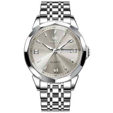 Imagem de OLEVS Relógios masculinos clássicos, analógicos, de quartzo, aço inoxidável, à prova d'água, para negócios, fácil leitura, relógio masculino, mostrador cinza