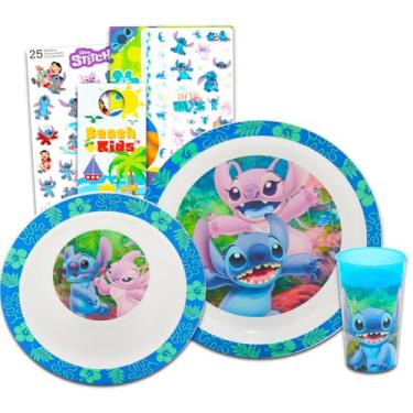 Imagem de Conjunto de louça Stitch para crianças, crianças pequenas – conjunto de acessórios de cozinha de 3 peças com prato de jantar Stitch e Angel, xícara, adesivos, mais | Conjunto de talheres Lilo e Stitch