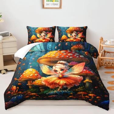 Imagem de AILONEN Conjunto de edredom solteiro de desenho animado de fada de borboleta, floresta de cogumelos misteriosos, 3 peças, linda fada dançante com 2 fronhas
