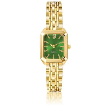 Imagem de Top Plaza Relógio feminino e masculino casual com pulseira simples, Mostrador dourado e verde, small