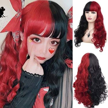 Imagem de Baruisi Peruca meia preta, meia vermelha, Lolita, longa, cacheada, sintética, resistente ao calor, fantasia de cosplay com franja para mulheres e meninas