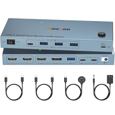 Imagem de Interruptor USB C KVM 4K a 60Hz, monitor duplo USB C HDMI DP KVM Switch para 1 PC e 1 laptop compartilhando 2 monitores e 4 dispositivos USB 3.0, alimentação PD para laptop com controle remoto com fio