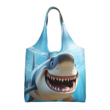 Imagem de GlbnSHeric Bolsa feminina reutilizável de compras de lona com borboleta azul cereja bolsa de ombro dobrável, Desenho animado tubarão nadando, One Size
