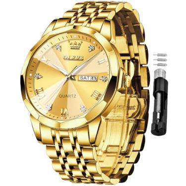 Imagem de OLEVS Relógio masculino de negócios, vestido de diamante, analógico, quartzo, data, luxuoso, casual, de aço inoxidável, à prova d'água, luminoso, dois tons para homens, relógio dourado masculino